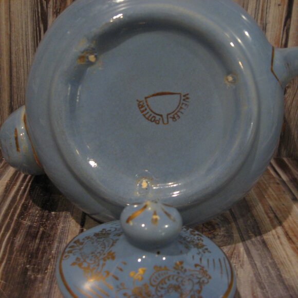 WELLER POTTERY TEAPOT - BLUE w/GOLD TRIM